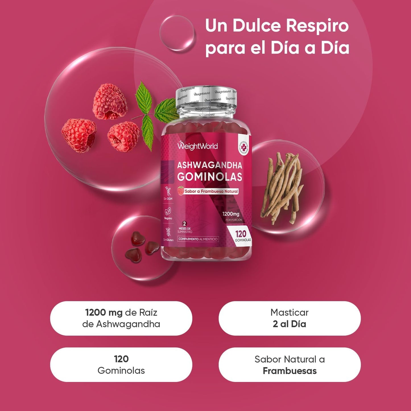 Ashwagandha 1200 mg – 120 Gomas (sabor framboesa)