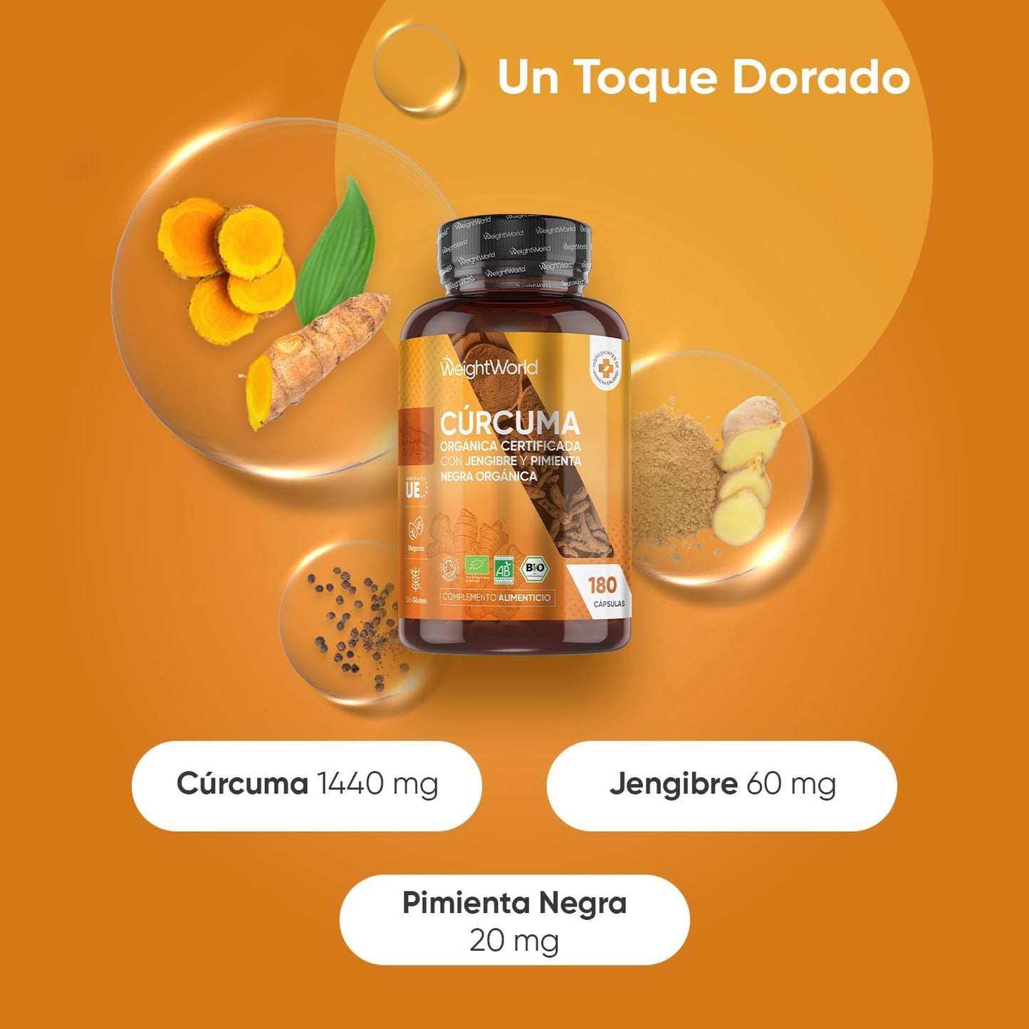 Cúrcuma Orgânica com Gengibre e Pimenta Preta 1520 mg - 180 cápsulas